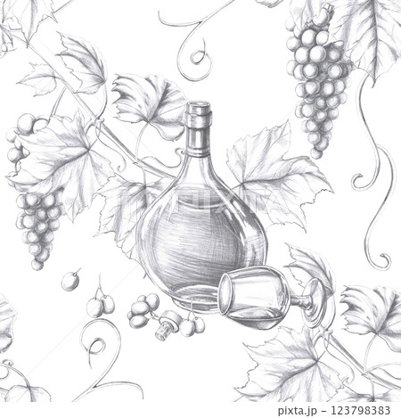 Seamless pattern on white background with bottle of cognac and grapevine. Pencil illustration on food theme for restaurant interior design, menu, culinary magazines. 123798383