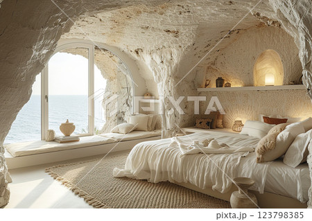 Interior of bedroom room in rock cave, comfortable european mediterranean design with window to sea with yacht. 123798385