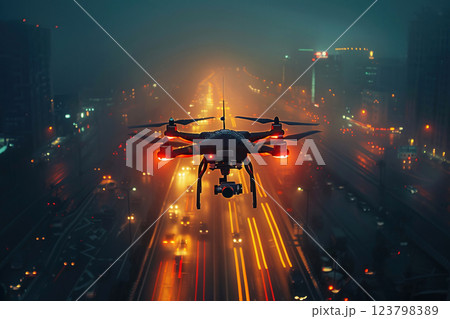 Drone flying in the night sky over a road illuminated by lanterns, a freeway with cars. 123798389