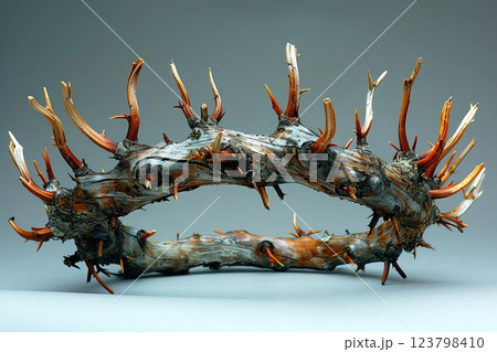 Crown of thorns with thorns close-up, uniform background. Religious Christian concept of sins, punishment. 123798410