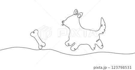 Silhouette of a corgi dog in the style of drawing a continuous line. A puppy runs after a bone, horizontal minimalistic banner. Vector illustration for advertising a dog school, veterinary, pet food. 123798531