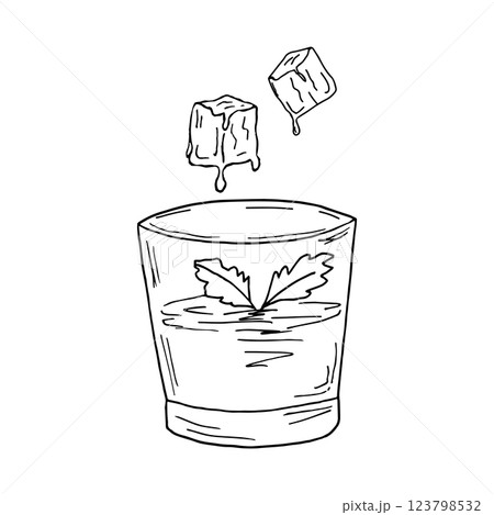 A summer refreshing drink in a glass with ice and mint. Detox cocktail, mint water for a healthy diet. Vector illustration in doodle style, monochrome. 123798532