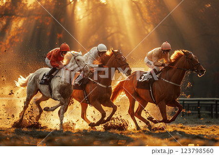 Riders and jockeys on a group of racehorses compete on a racetrack. Great speed in equestrian sports. 123798560