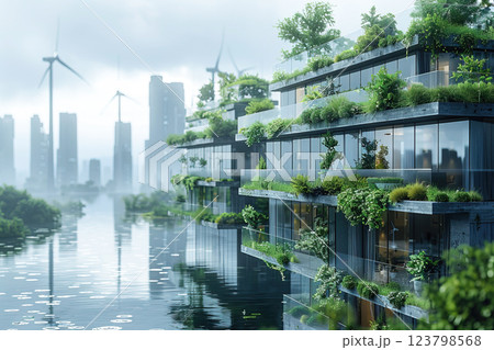 City of the future, wind turbines with green ecological gardens and solar panels. 123798568