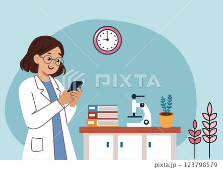 Cute Female doctor wearing glasses holding phone. 123798579