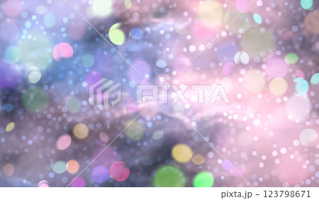 Vector illustration with bokeh effect, made in soft lilac and blue tones. Many glowing particles of different sizes create the atmosphere of a starry sky or magical glow. 123798671