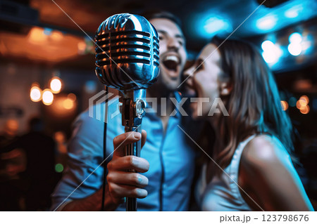 Karaoke at a fun party with a microphone, happy group of people having fun with music. Karaoke at a fun party with a microphone, happy group of people having fun with music. 123798676