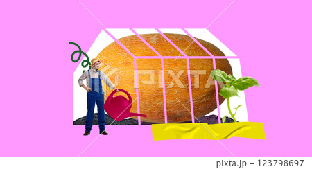 Farmer watering massive melon inside surreal greenhouse environment. Contemporary art collage. 123798697