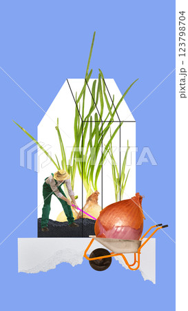 Farmer digging soil beside oversized onions in artistic greenhouse environment. Conceptual art collage. Farmer digging soil beside oversized onions in artistic greenhouse environment. Conceptual art collage. 123798704