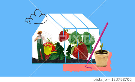 Man tending to giant strawberries inside greenhouse. Contemporary art collage. Man tending to giant strawberries inside greenhouse. Contemporary art collage. 123798706