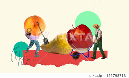 Two farmers harvesting oversized fruits including apples, pears, and peaches in playful surreal composition. 123798718