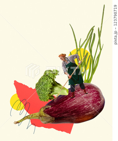 Woman tending giant eggplant with broccoli and oversized greenery. Contemporary art collage. 123798719