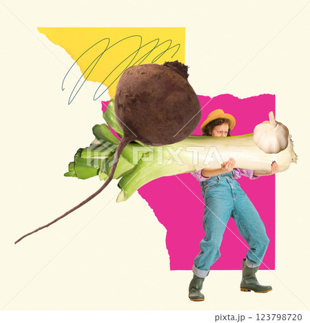 Woman carrying oversized beet and leek featuring surreal food elements. Conceptual art collage. 123798720
