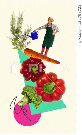 Woman watering oversized vegetables including carrots, bell peppers, and broccoli in abstract collage. Woman watering oversized vegetables including carrots, bell peppers, and broccoli in abstract collage. 123798725