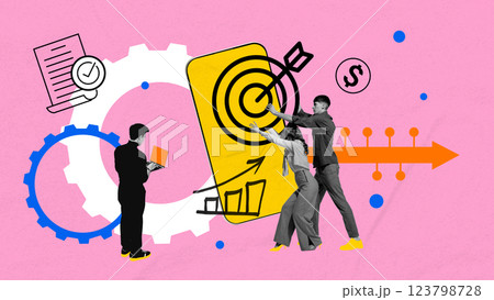 Team collaborating to reach target, surrounded by financial growth symbols, checklists, charts. Goal achievement. Team collaborating to reach target, surrounded by financial growth symbols, checklists, charts. Goal achievement. 123798728