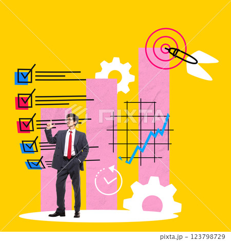 Businessman pointing at checklists, surrounded by financial graphs, targets, planning symbols. Planning Businessman pointing at checklists, surrounded by financial graphs, targets, planning symbols. Planning 123798729