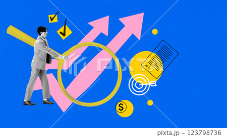 Man examining market trends with magnifying glass, surrounded by financial charts, targets. Man examining market trends with magnifying glass, surrounded by financial charts, targets. 123798736