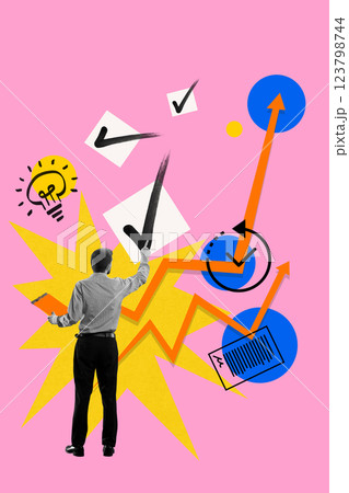 Businessman checking off tasks, surrounded by growth charts, checkmarks, and innovation symbols. Productivity 123798744