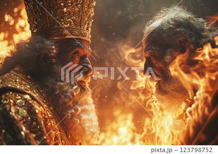 Catholic Christian bishop priest with the Devil Satan horned with wings in hell prays for sins in fiery hell hyena. 123798752