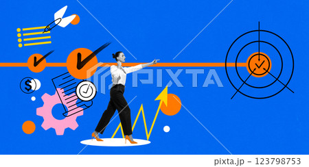 Businesswoman confidently walking towards target, surrounded by success symbols, gears, financial icons. 123798753