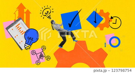 Businesswoman carrying blue checkmark, surrounded by statistics, gears, financial growth elements 123798754