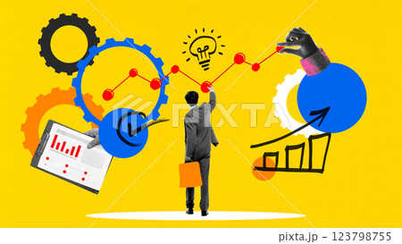 Businessman pointing at graph, holding briefcase, surrounded by analytics, innovation, teamwork symbols. 123798755