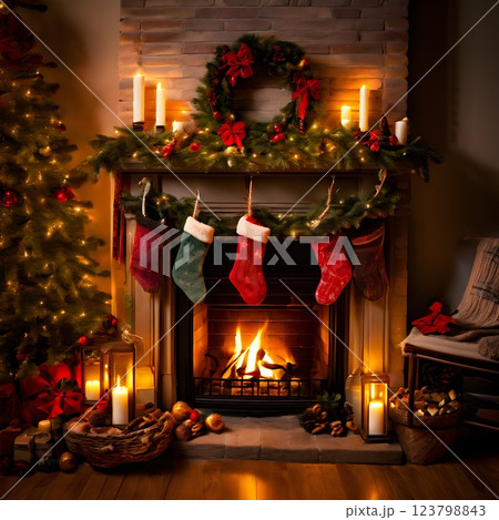 Christmas Mantel with Stockings, Wreath, and Warm Candlelight Decor 123798843