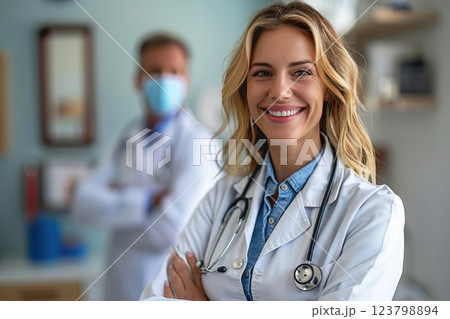 Professional doctor in a robe with a tool in a medical clinic, taking care of health. 123798894