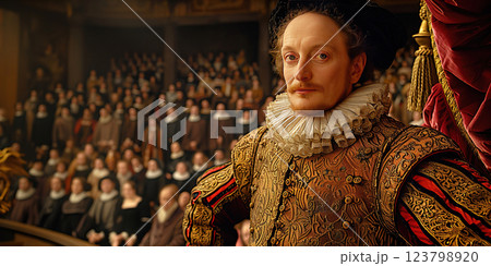Shakespeare William, Edward de Vere playwright and English writer. author of tragedies, comedies and sonnets. In a gorger in a suit in the theater. 123798920
