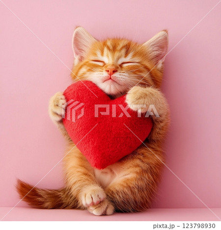 cute kitten hugs toy heart and confesses love, on pink background, wedding card, background with red hearts, atmosphere love, party invitation cute kitten hugs toy heart and confesses love, on pink background, wedding card, background with red hearts, atmosphere love, party invitation 123798930