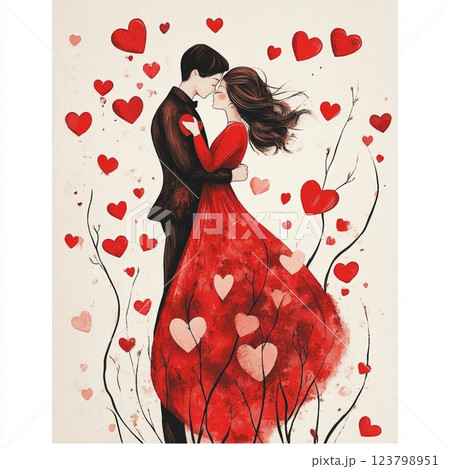 Vintage postcard, for couple in love, woman and man in love, young couple with red hearts on background, birthday card, wedding card, atmosphere of love devotion happiness romance nostalgia 123798951