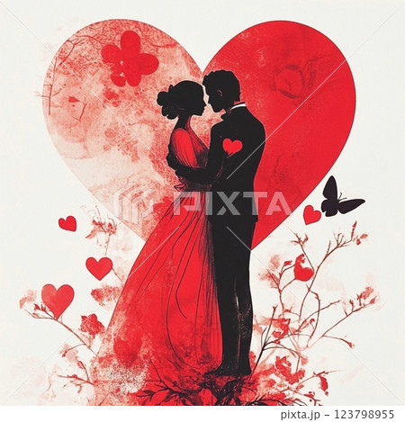 Vintage postcard, for couple in love, woman and man in love, young couple with red hearts on background, birthday card, wedding card, atmosphere of love devotion happiness romance nostalgia 123798955