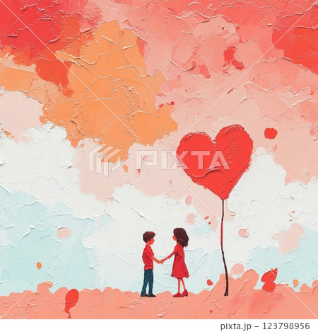 Vintage postcard, for couple in love, woman and man in love, young couple with red hearts on background, birthday card, wedding card, atmosphere of love devotion happiness romance nostalgia 123798956