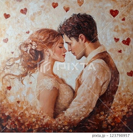 Vintage postcard, for couple in love, woman and man in love, young couple with red hearts on background, birthday card, wedding card, atmosphere of love devotion happiness romance nostalgia 123798957