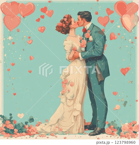 Vintage postcard, for couple in love, woman and man in love, young couple with red hearts on background, birthday card, wedding card, atmosphere of love devotion happiness romance nostalgia 123798960