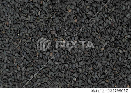 Whole black sesame seeds top view detailed shot 123799077