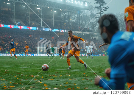 Football player dribbling with a ball in a sports game. Evening stadium with spectators at the championship. 123799098