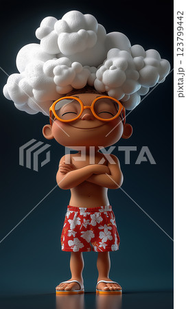 Confident child with a cloud head, symbolizing imagination, creativity, and limitless dreams 123799442