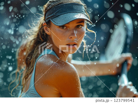 Professional female tennis player in action during difficult match.Macro.AI Generative. 123799541