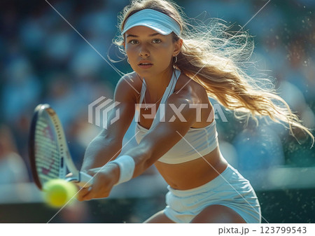 Professional female tennis player in action during difficult match.Macro.AI Generative. Professional female tennis player in action during difficult match.Macro.AI Generative. 123799543