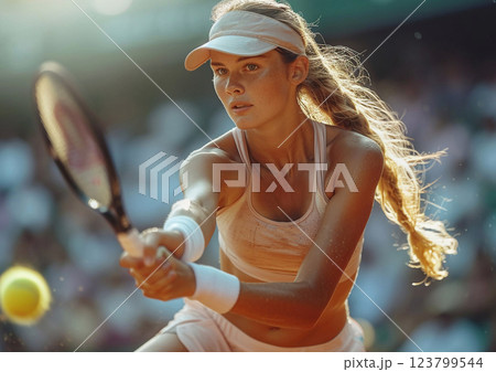 Professional female tennis player in action during difficult match.Macro.AI Generative. 123799544