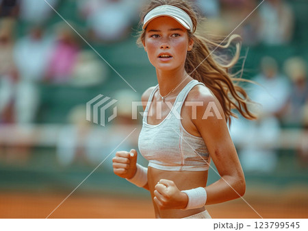 Professional female tennis player celebrating after winning difficult match.Macro.AI Generative. Professional female tennis player celebrating after winning difficult match.Macro.AI Generative. 123799545