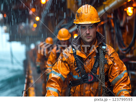 Oil and gas workers wearing orange helmet and coveral walking through drilling.Macro.AI Generative. 123799593