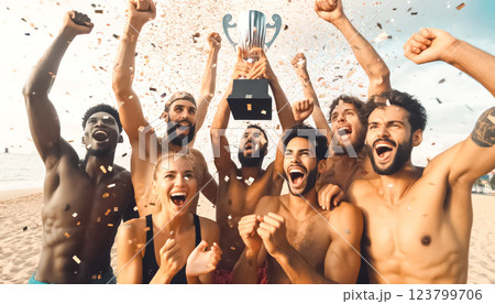 A close-up shot captures a mixed-gender, multiracial beach volleyball team celebrating their championship victory with confetti in the air. The players hold the trophy high, with joy and excitement on 123799706