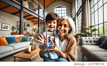 Both images capture mothers and their three-year-old sons from diverse ethnic backgrounds, seen from behind during joyful video calls with grandparents. The stylish living rooms feature contemporary Both images capture mothers and their three-year-old sons from diverse ethnic backgrounds, seen from behind during joyful video calls with grandparents. The stylish living rooms feature contemporary 123799710