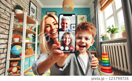 Both images capture a mother and her three-year-old son from behind, smiling and waving at the phone during a video call with their grandparents. The vibrant, toy-filled boy's room adds to the warm 123799726
