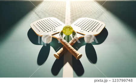 With the day’s play concluded, pickleball paddles and a ball sit quietly on the court, bathed in the gentle light of a setting sun. With the day’s play concluded, pickleball paddles and a ball sit quietly on the court, bathed in the gentle light of a setting sun. 123799748