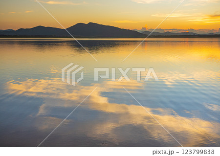 Landscape of mountains and lake at sunset and clouds reflected in the water. 123799838