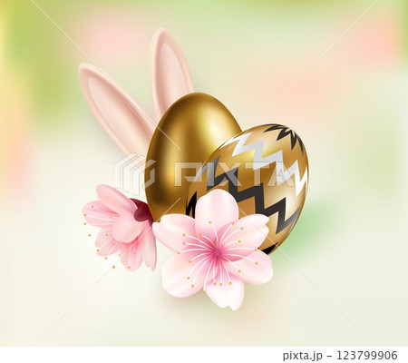 Easter poster with bunny ears, flowers, golden eggs decorated with pattern. Easter greetings and gifts. Easter promotion and shopping template. Vector illustration 123799906