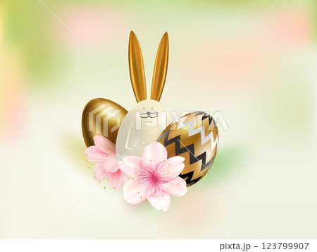 Easter poster with ceramic rabbit, flowers, golden eggs decorated with pattern. Easter greetings and gifts. Easter promotion and shopping template. Vector Easter poster with ceramic rabbit, flowers, golden eggs decorated with pattern. Easter greetings and gifts. Easter promotion and shopping template. Vector 123799907